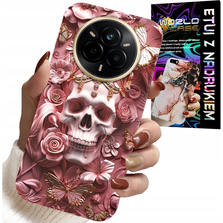Telefontok, World Case, K obiece modell, koponya mintás rózsaszín alapon, szilikon, Realme 14 Pro+ 5G-hez
