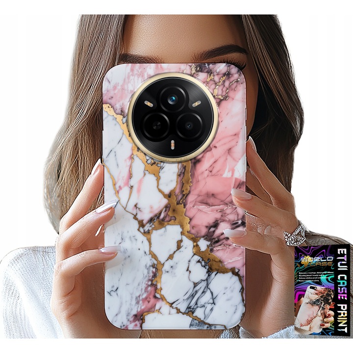 Tok Realme 14 Pro+ 5G telefonhoz, World Case, rózsaszín-fehér márványos, szilikon