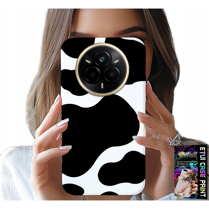 World Case telefontok Realme 14 Pro+ 5G-hez, tehenek mintával, szilikon, fekete, pontos méretek