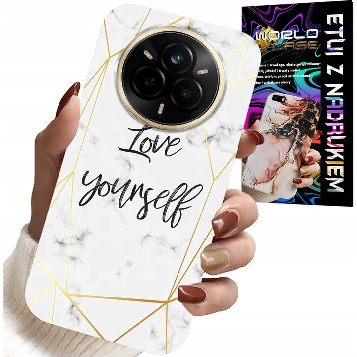 Telefontok, World Case, Realme 14 Pro 5G-hez, fehér márvány mintás arany kerettel, szilikon