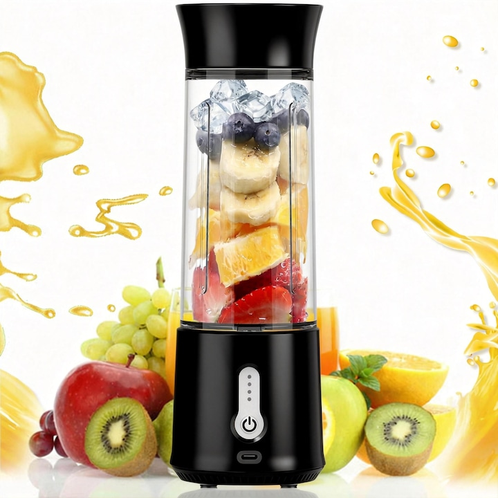 Blender Portabil Fara Fir HOMTTO®, 20.000 RPM, 6 Lame 3D Inox, Baterie 4000mAh, 500ml, USB-C, 150W, Protectie Magnetica, Fara BPA, pentru Smoothie si Mancare Bebelusi, Ideal Smoothie la Sala, Birou, Calatorii, Camping, Fitness, Drumetii, Negru