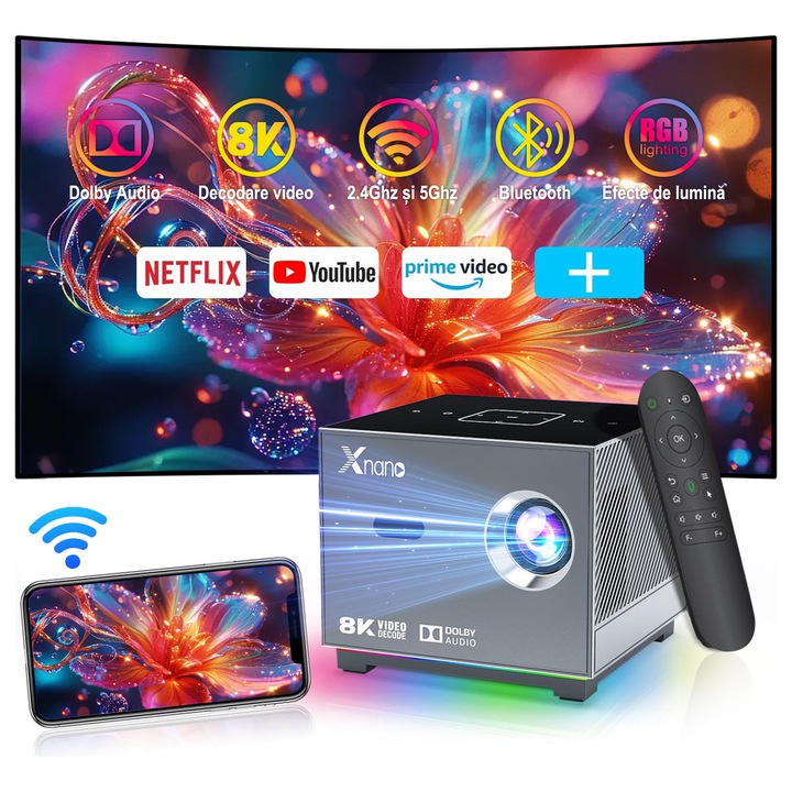 Videoproiector portabil ，Xnano®，X302，400ANSI，Android 9.0 ，rezolutie 1920x1080p HD, Suport 8K，Iluminare RGB，Dual Wi-Fi 5G & 2.4G, Bluetooth 5.0，Focalizare automata， Dolby Digital Audio，2+16GB Memorie