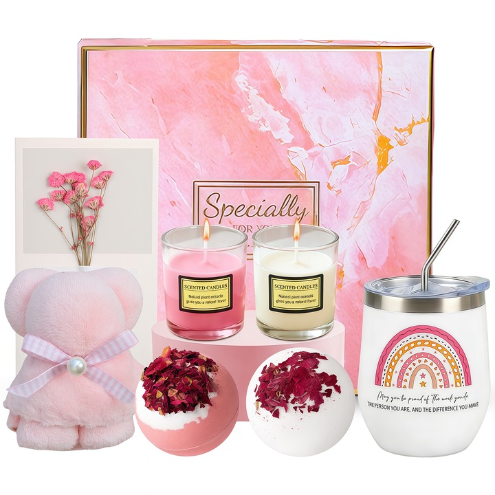 Set cadou spa pentru femei, RorAem, cadou de lux femei cu 8 Produse, cana din*1, card flori uscate*1, lumanare aromaterapie*2, saruri de baie*2, prosop*1, Paie din otel inoxidabil*1, Frumos ambalat intr-o cutie, Cel mai bun cadou, dame, mama, sotie, fete