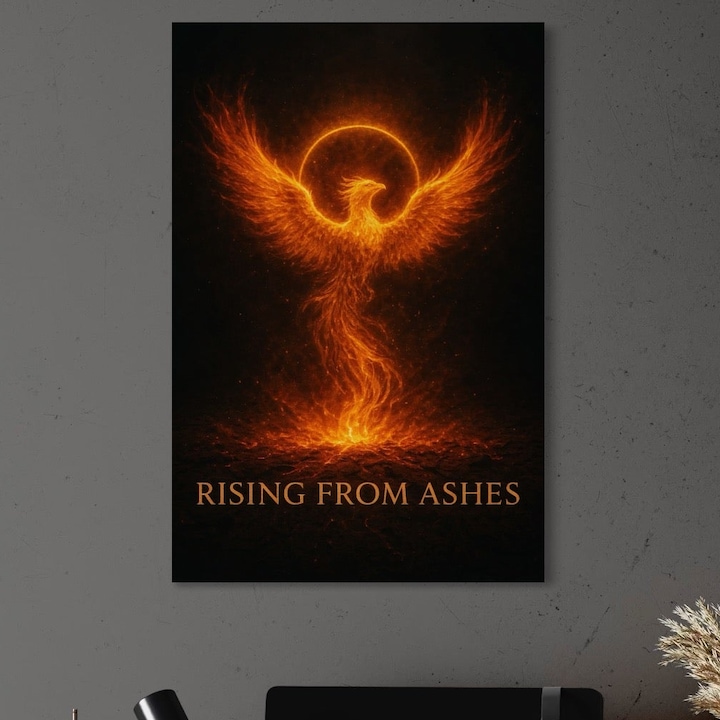 Tablou Canvas Premium, LuxCanva® Q1023, Puterea Renasterii, 40 X 60 CM, Panza Bumbac 100% 400g/m2, Sasiu Lemn, Phoenix, Pasare, Foc, Flacari, Motivatie, Renastere, Curaj, Triumf, Mitic, Birou, Dormitor