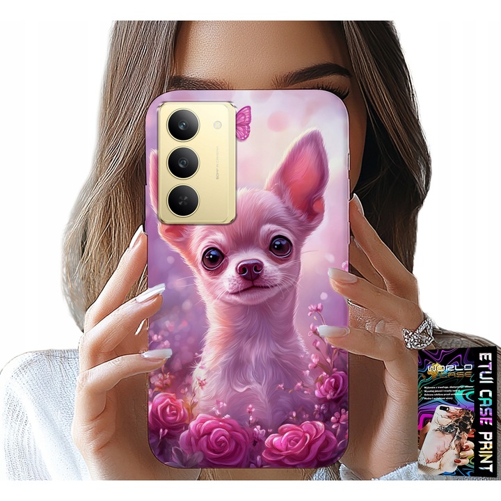 World Case telefontok, Realme 14X-hez, szilikon, csivava mintás rózsaszín alapon, 0,2 mm