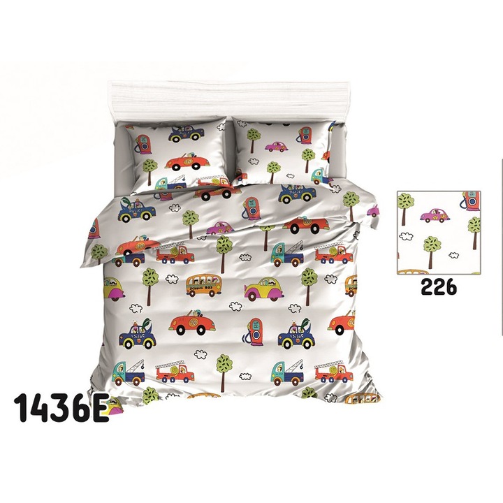 Ágyneműhuzat garnitúra 90x120cm, Auta, fehér/többszínű, 100% pamut, 1 személyes