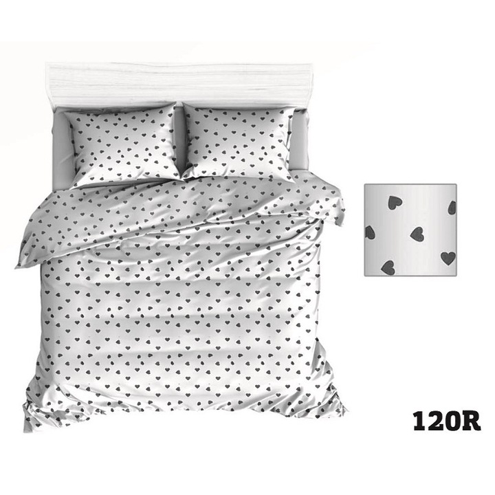 Posza bumbac 160x200 cm, alb cu inimioare gri, 1 persoana, fermoar