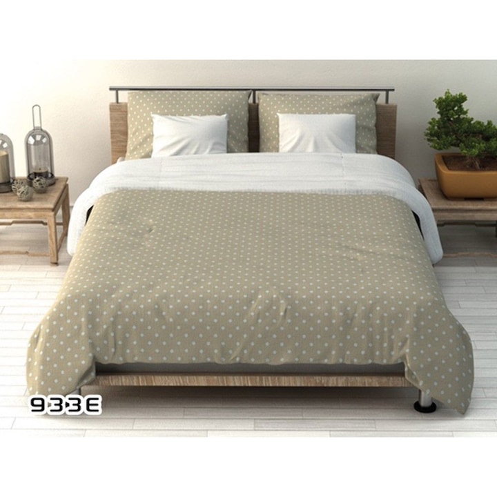 Lenjerie de pat 90x120cm, bej cu buline albe, 100% bumbac, set complet