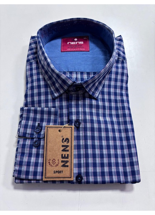 Camasa cu maneca lunga pentru barbati, Regulat fit, Nens, Model cu carouri-2009, Gri/Roz/Bleumarin, 3XL