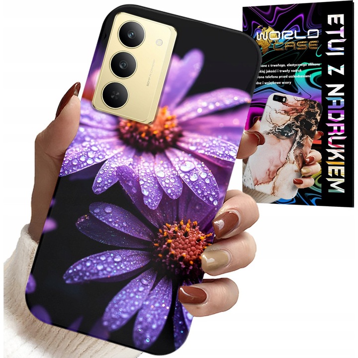 World Case telefontok, Realme 14X, szilikon, rózsaszín, virágokkal