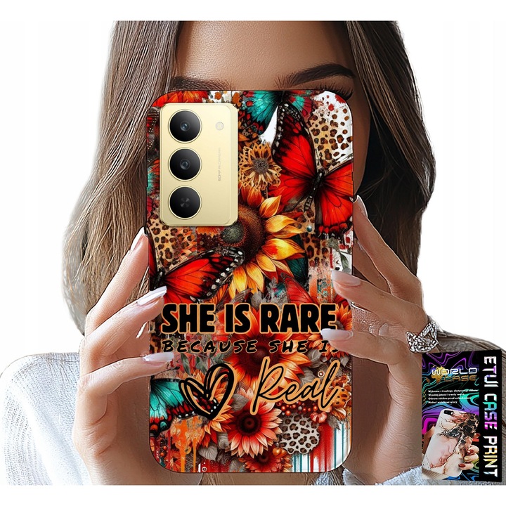 Telefontok Realme 14X-hez, World Case, virág és pillangó mintás, szilikon, többszínű