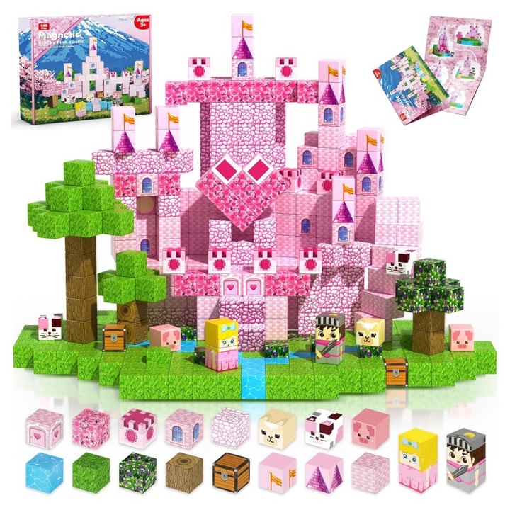 Seturi cuburi magnetice castel printesa roz, AjieQaQ®, 100 de piese, copii, Varste 3-12 ani, Set de jocuri creative cu puzzle 3D, Blocuri magnetice de constructie, Roz