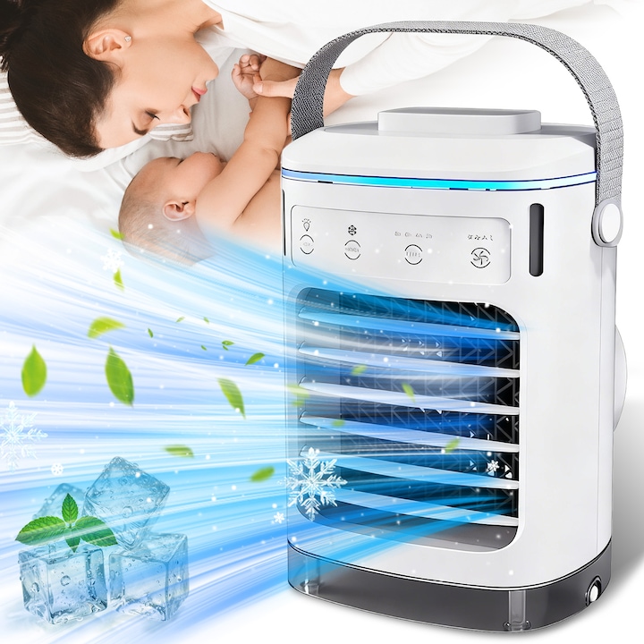 Racitor de aer portabil, Ultrixe, racitor evaporativ si umidificator, 4 viteze, RGB light, temporizator, Alb