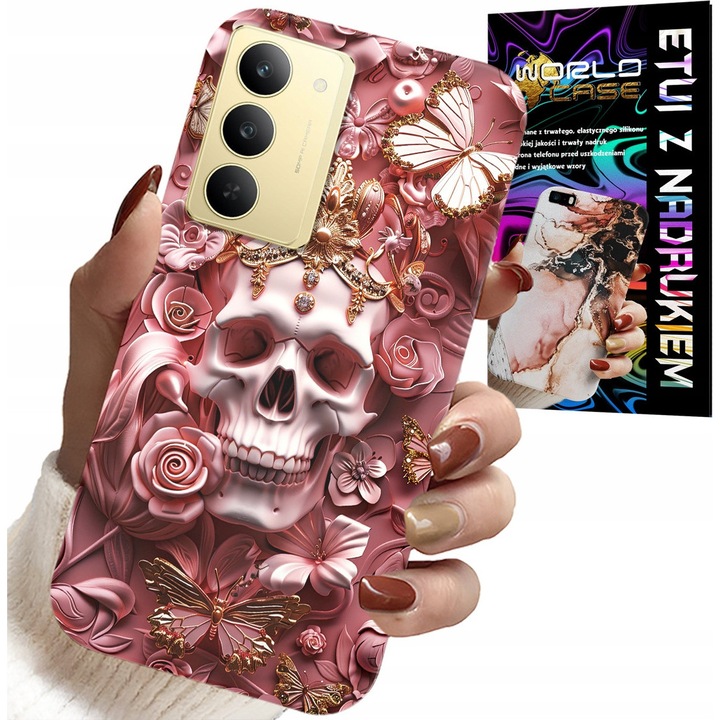 Realme telefontok, World Case, rózsaszín koponya design, szilikon, 0,2cm