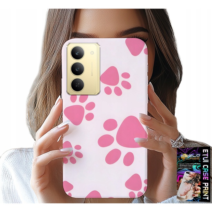 Tok Realme 14X telefonhoz, World Case, szilikon, rózsaszín kutyás mintával, karcolás elleni védelem