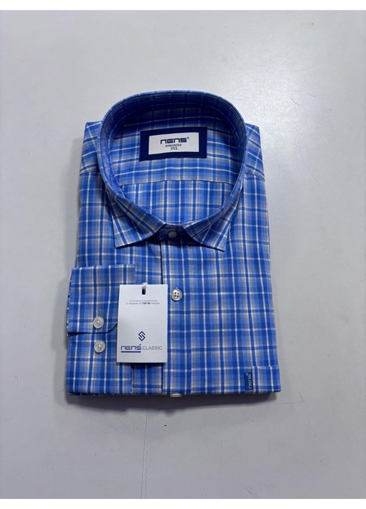 Camasa cu maneca lunga pentru barbati, Regulat fit, Nens, Model cu carouri-2009, Alb/Albastru deschis, 3XL