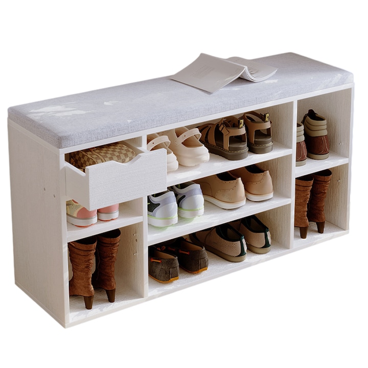 Cipősszekrény szürke ülőkével, loft stílusú, fehér pad, előszoba, modern MUVU