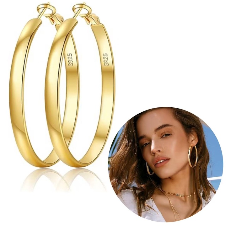 Cercei rotunzi din aur de 14K, marca Solaceon, diametru 50mm, latime 5mm, design elegant, vin intr-o cutie cadou din piele fina, perfecti pentru zile de nastere, aniversari si cadouri de sarbatori