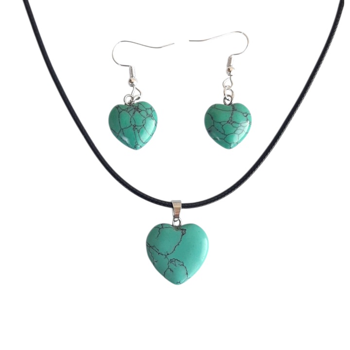 Set cercei și pandantiv cu snur, Howlit, culoare turcoaz, dimensiuni cercei 15x17mm, dimensiuni pandantiv 18x20mm