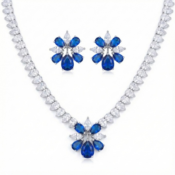 Set colier și cercei Raizel cu pietre din zirconiu albastre, placate cu aur alb, 43cm, 1.9x1.7cm