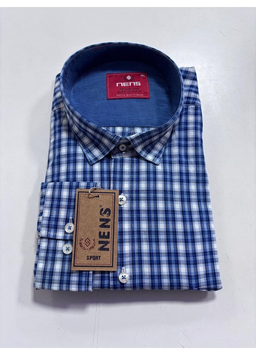 Camasa cu maneca lunga pentru barbati, Regulat fit, Nens, Model cu carouri-2009, Alb/Albastru/Bleumarin, 3XL