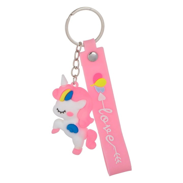 Rózsaszín unikornis kulcstartó gyerekeknek, 6 cm, "Love" feliratos fogantyúval