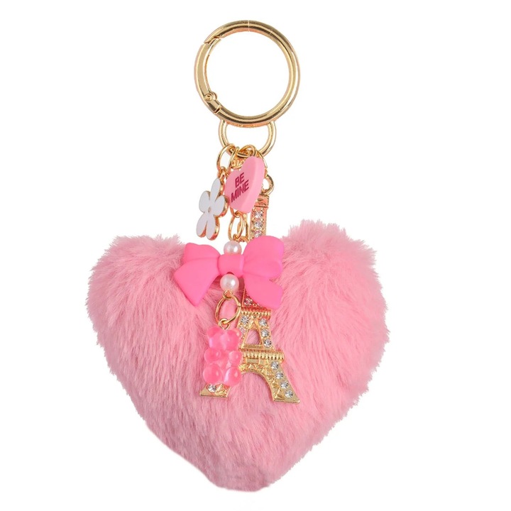 Rózsaszín szív kulcstartó Eiffel-toronnyal, pomponnal, masnival, macival, 10cm
