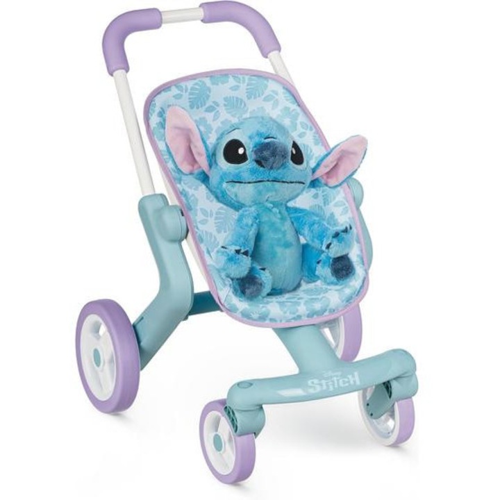 Set Carucior De Plimbare Disney Stitch + Jucarie Stitch 25 cm, Smoby, Licenta Oficiala Disney Design Original Inspirat De Desenele Animate Lilo & Stitch, Structura Metalica Stabila Pentru Siguranta, Carucior Usor Si Usor De Manevrat, 38x49x53 cm, Pastel