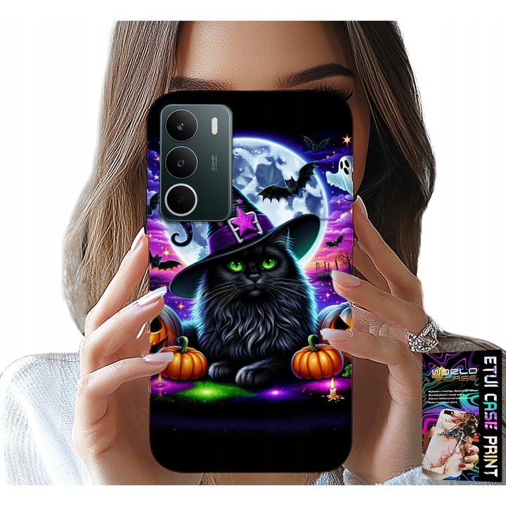 Telefontok, World Case, Halloween, macska mintás, fekete, Realme C71-hez