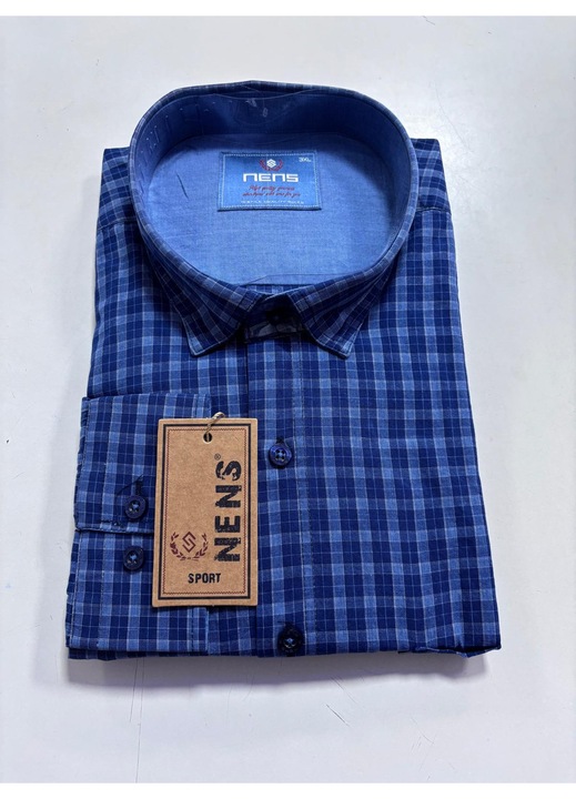 Camasa cu maneca lunga pentru barbati, Regular fit, Nens, Model cu carouri-2020, Albastru inchis/Albastru deschis