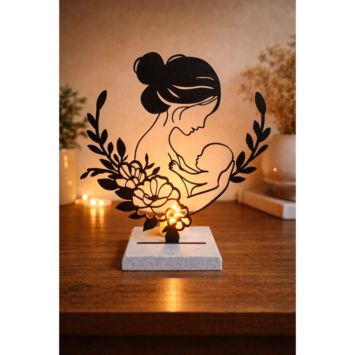 Decoratiune casa cu LED Mama si copilul - imbratisati, Silueta artistica neagra cu Baza Imitatie Marmura, plastic biodegradabil, 21 cm, Lumanare LED cu Baterie