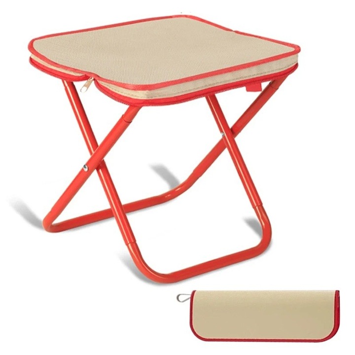Сгъваем стол, Flippy, за възрастни, преносим, за къмпинг, риболов, от плат Оксфорд и метална рамка, 24 x 24 x 28 см, червен/бежов