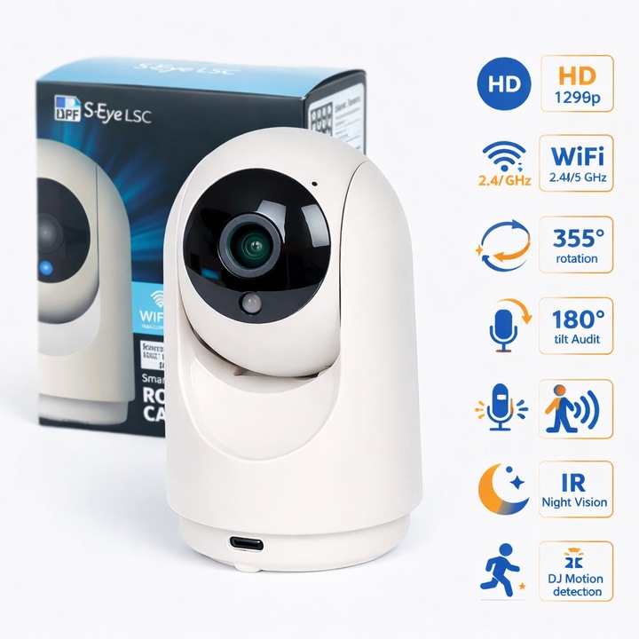 Camera supraveghere WiFi Interior, S Eye LSC rotativa HD 1296p cu vedere nocturna detectare miscare si audio bidirectional