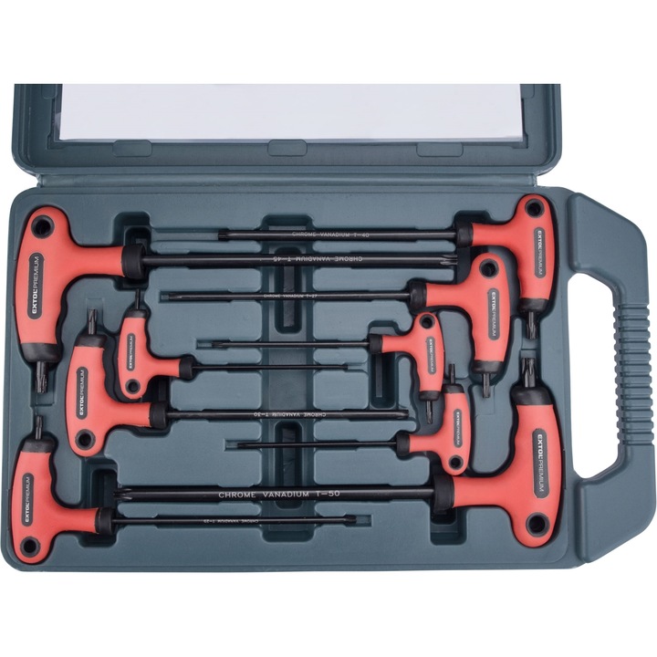 Set chei TORX cu maner tip T, Extol Premium, 9 piese, ergonomic, dimensiuni T10-T50