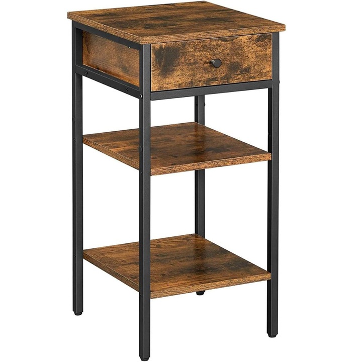 Noptiera inalta sertar 2 rafturi stil industrial pal otel, 35x35x70 cm, design compact, maro rustic