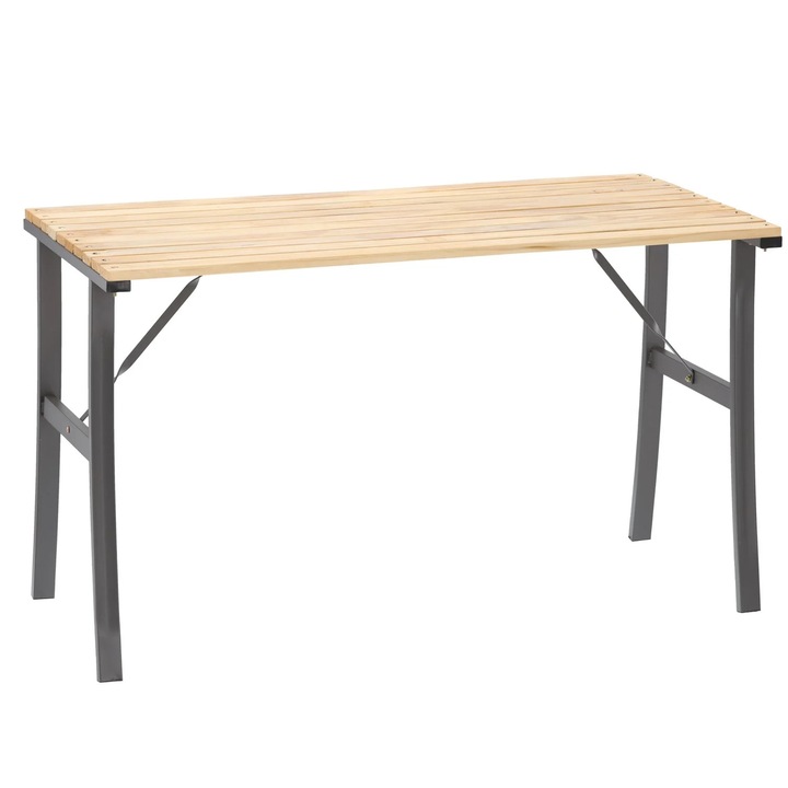 Kerti asztal fém vázzal és impregnált fából készült lappal, 120x60x71 cm, természetes színű