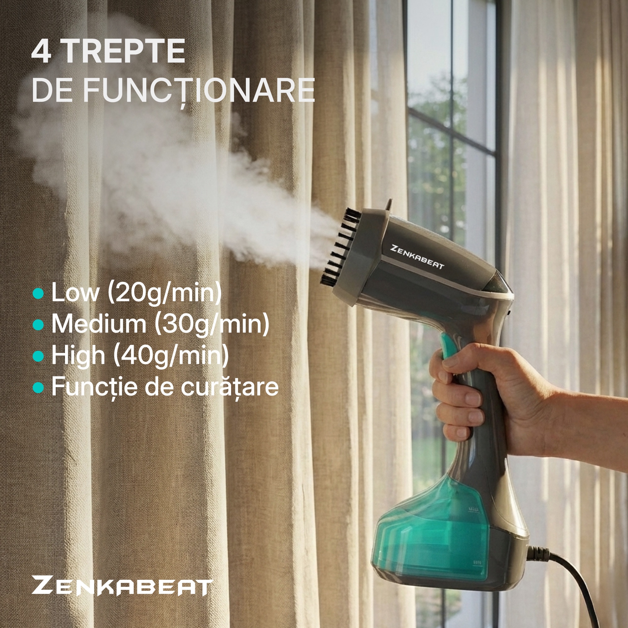 Aparat de calcat vertical Zenkabeat V10-Pro, Putere 2500W, Fier de Calcat portabil si orizontal cu incalzire in 30 Secunde, Rezervor 340ml, Functie oprire automata, 4 Programe, Statie de calcat cu jet de abur 40g/min, Functie abur continuu 3 minute, Gri
