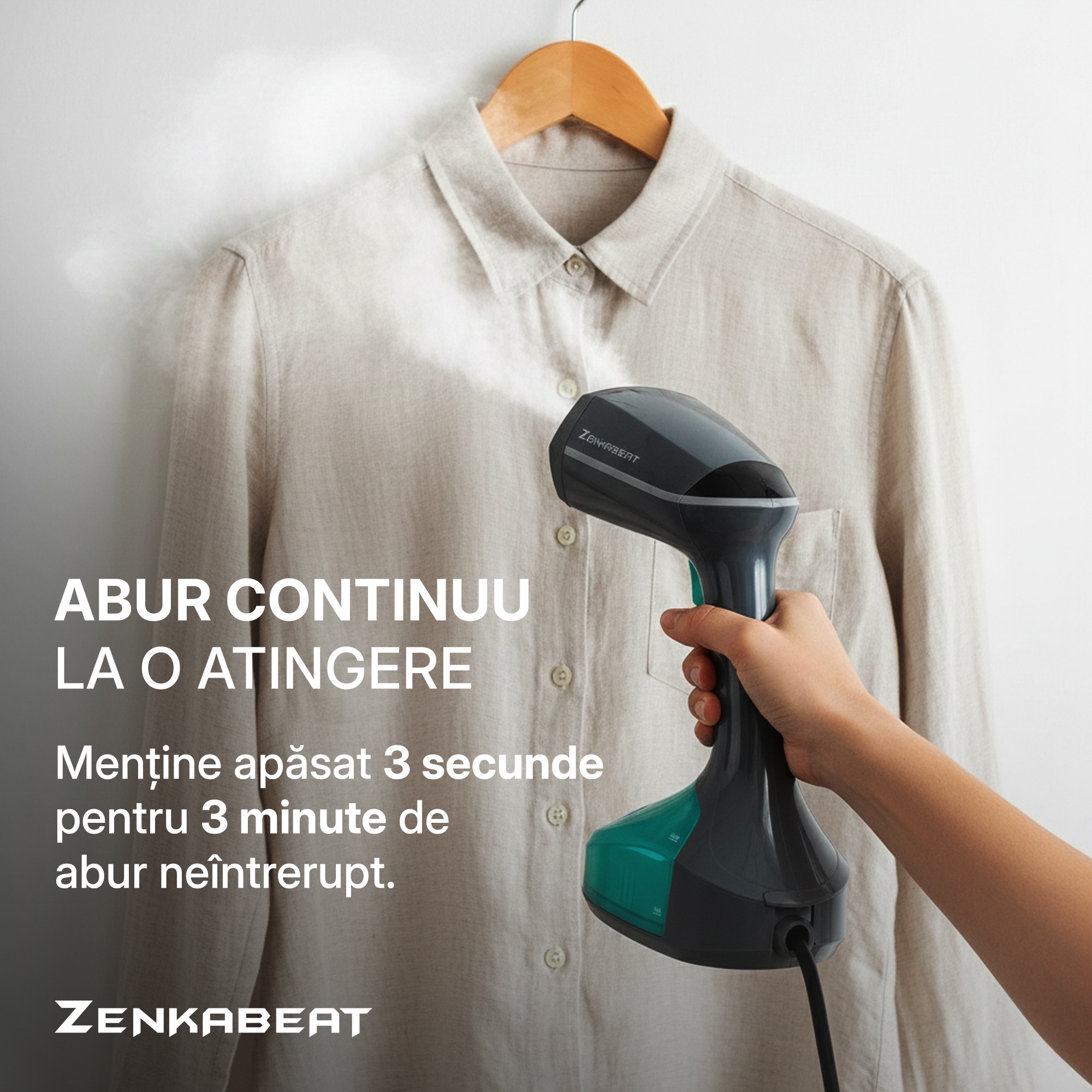 Aparat de calcat vertical Zenkabeat V10-Pro, Putere 2500W, Fier de Calcat portabil si orizontal cu incalzire in 30 Secunde, Rezervor 340ml, Functie oprire automata, 4 Programe, Statie de calcat cu jet de abur 40g/min, Functie abur continuu 3 minute, Gri