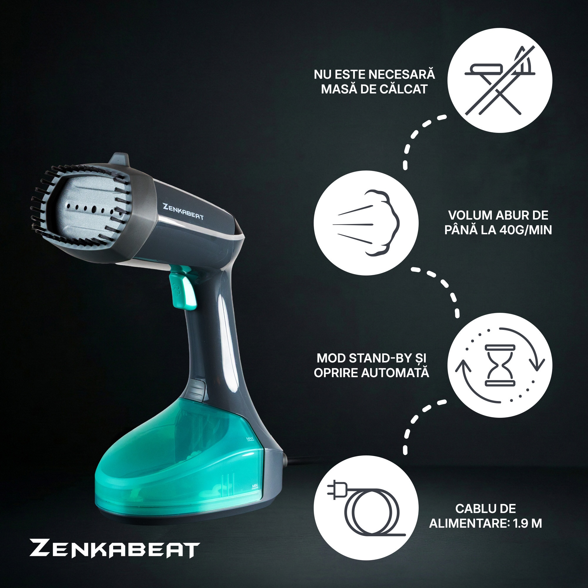 Aparat de calcat vertical Zenkabeat V10-Pro, Putere 2500W, Fier de Calcat portabil si orizontal cu incalzire in 30 Secunde, Rezervor 340ml, Functie oprire automata, 4 Programe, Statie de calcat cu jet de abur 40g/min, Functie abur continuu 3 minute, Gri