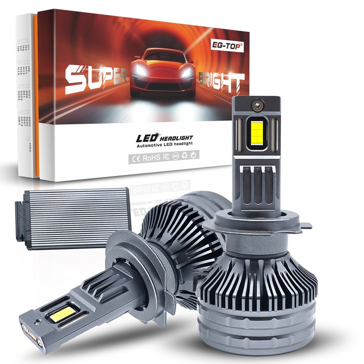 Комплект 2 LED крушки за кола H7, EG-TOP, Крушка H7 LED, 280W, Съвместими с 12V, Студена Бяла Светлина 6500K, Алуминиев Радиатор, Без Грешки, Canbus, Медна Подложка, Plug & Play Инсталация, IP68