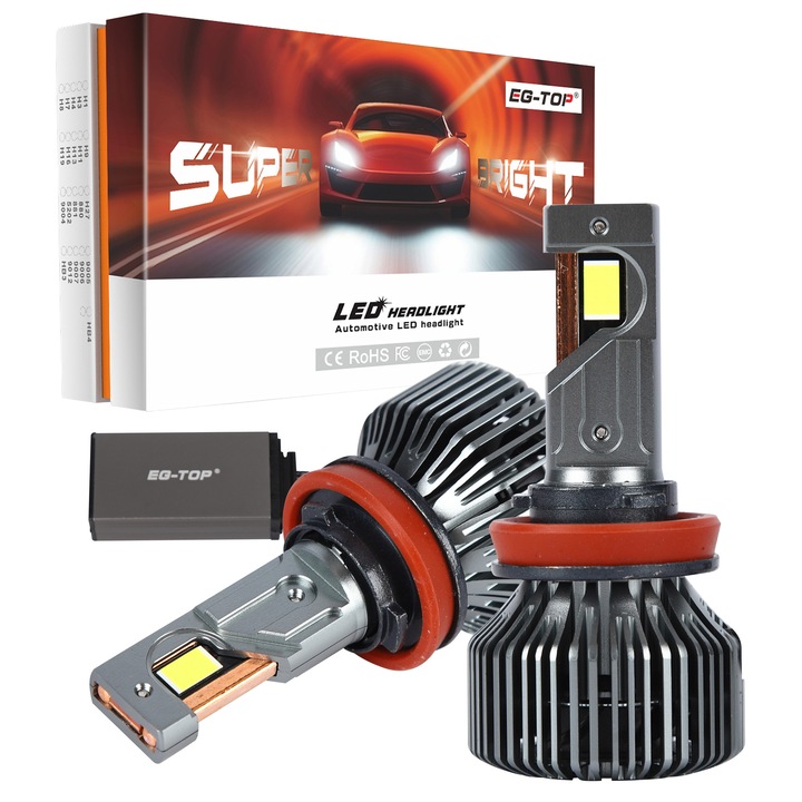 Set de 2 becuri LED auto，EG-TOP, Bec H11 LED，230W,6500K,30000LM, Disiparea Caldurii Ventilatorului，Chipuri CSP Performante，12V-24V LED H11 Canbus Plug&Play，Radiator Aluminiu