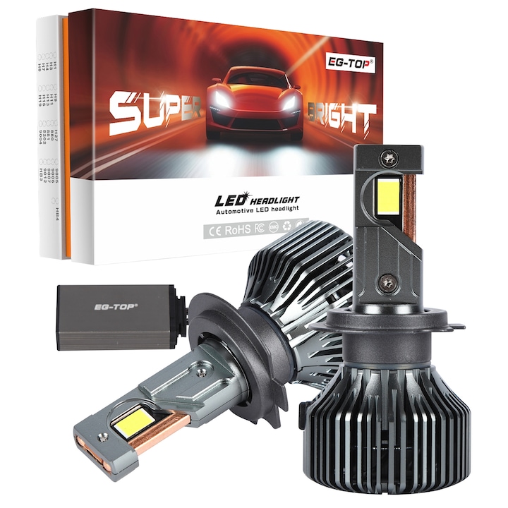 Set de 2 becuri LED auto，EG-TOP, Bec H7 LED，230W,6500K,30000LM, Disiparea Caldurii Ventilatorului，Chipuri CSP Performante，12V-24V LED H7 Canbus Plug&Play，Radiator Aluminiu