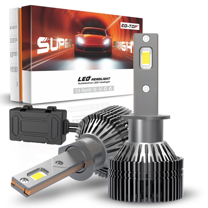 Комплект 2 LED крушки за кола H1, EG-TOP, LED крушка H1, 300W 30000LM 800% Супер ярки, Размер 1:1 като халогенни, Студено бял 6500K, CANBUS готов, H1 крушки Наистина Plug and Play, Комплект от 2