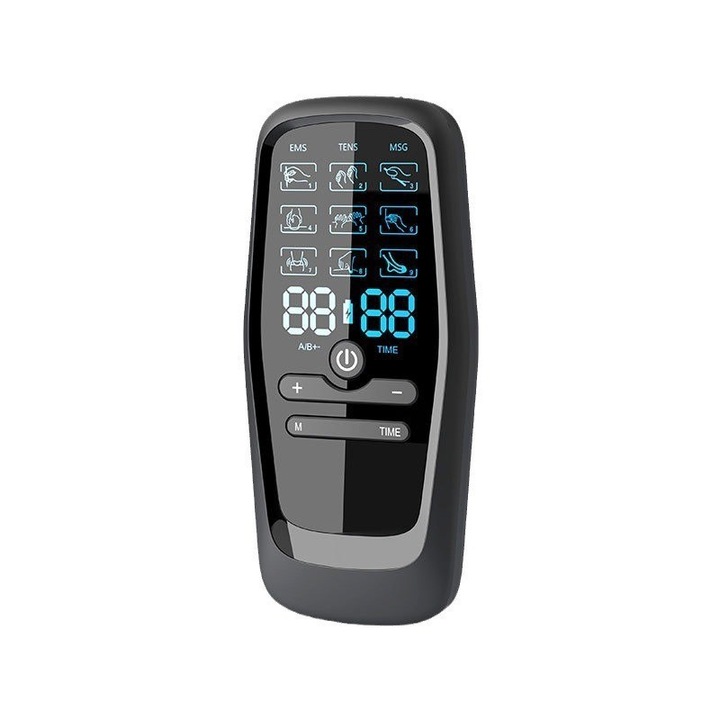 Elektromos masszázsstimulátor, 8 elektródával, 9 masszázs móddal, 30 intenzitási szinttel, kétcsatornás működéssel, TENS és EMS masszázs funkciókkal, időzítővel, kijelzővel, újratölthető, fekete