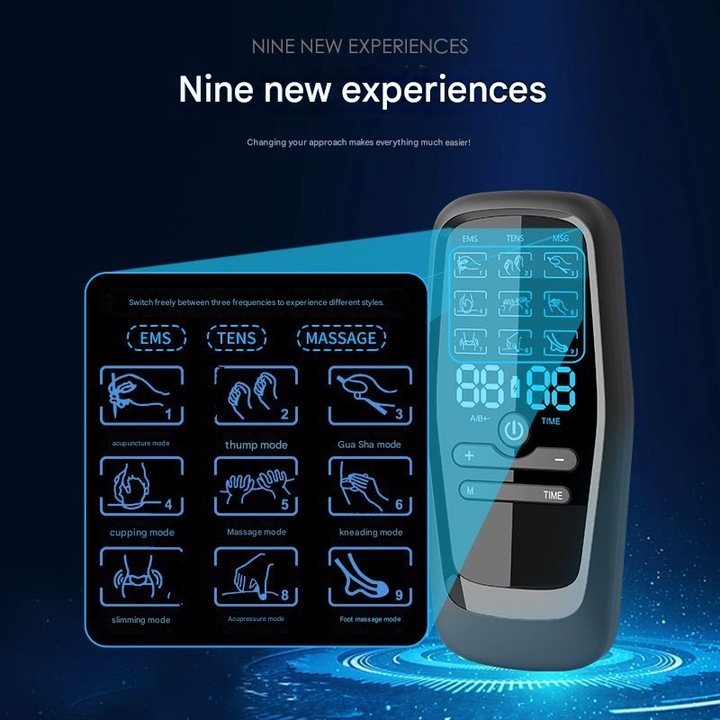 Elektromos masszázsstimulátor, 8 elektródával, 9 masszázs móddal, 30 intenzitási szinttel, kétcsatornás működéssel, TENS és EMS masszázs funkciókkal, időzítővel, kijelzővel, újratölthető, fekete