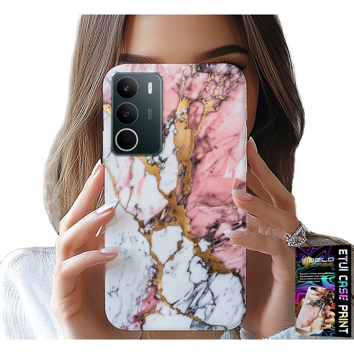 Telefontok, World Case, Realme C71, minőségi gumi, rózsaszín-fehér, márvány design