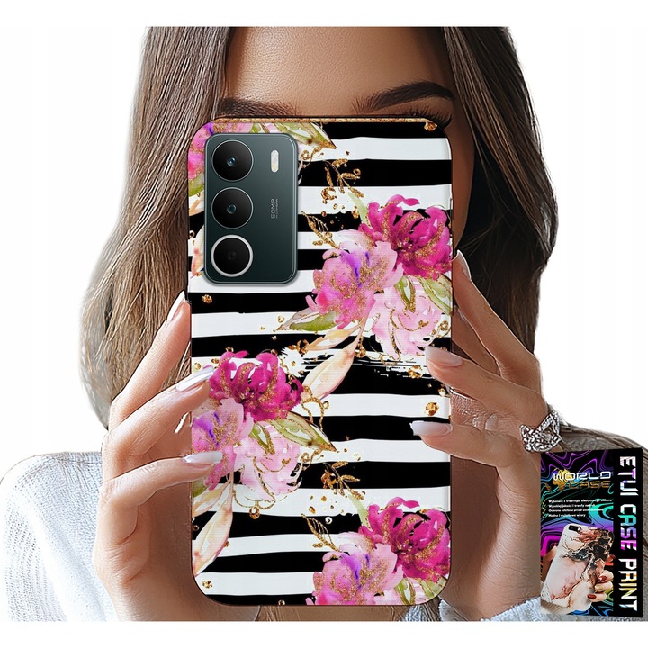 Telefontok, World Case, Realme C71, virágmintás, szilikon, fekete-fehér