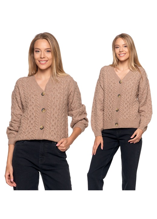 Pulover dama, Moraj, poliester/acril/elastan, croiala lejera, maneci bufante, decolteu in V, bej