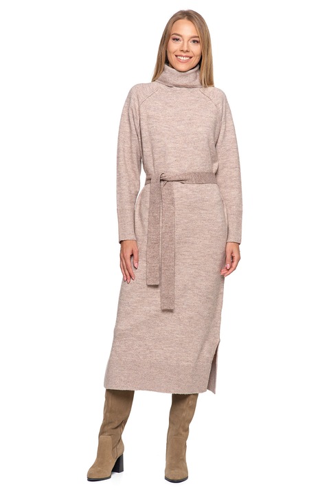 Rochie Moraj lunga tricotata cu guler rulat, confortabila, bej