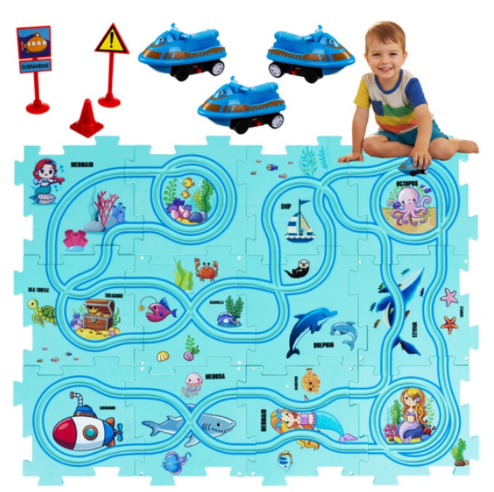 AB HOMES Autópálya puzzle készlet gyerekeknek 3+ – 25 darab, elemes járművek, közlekedési táblák, többszínű